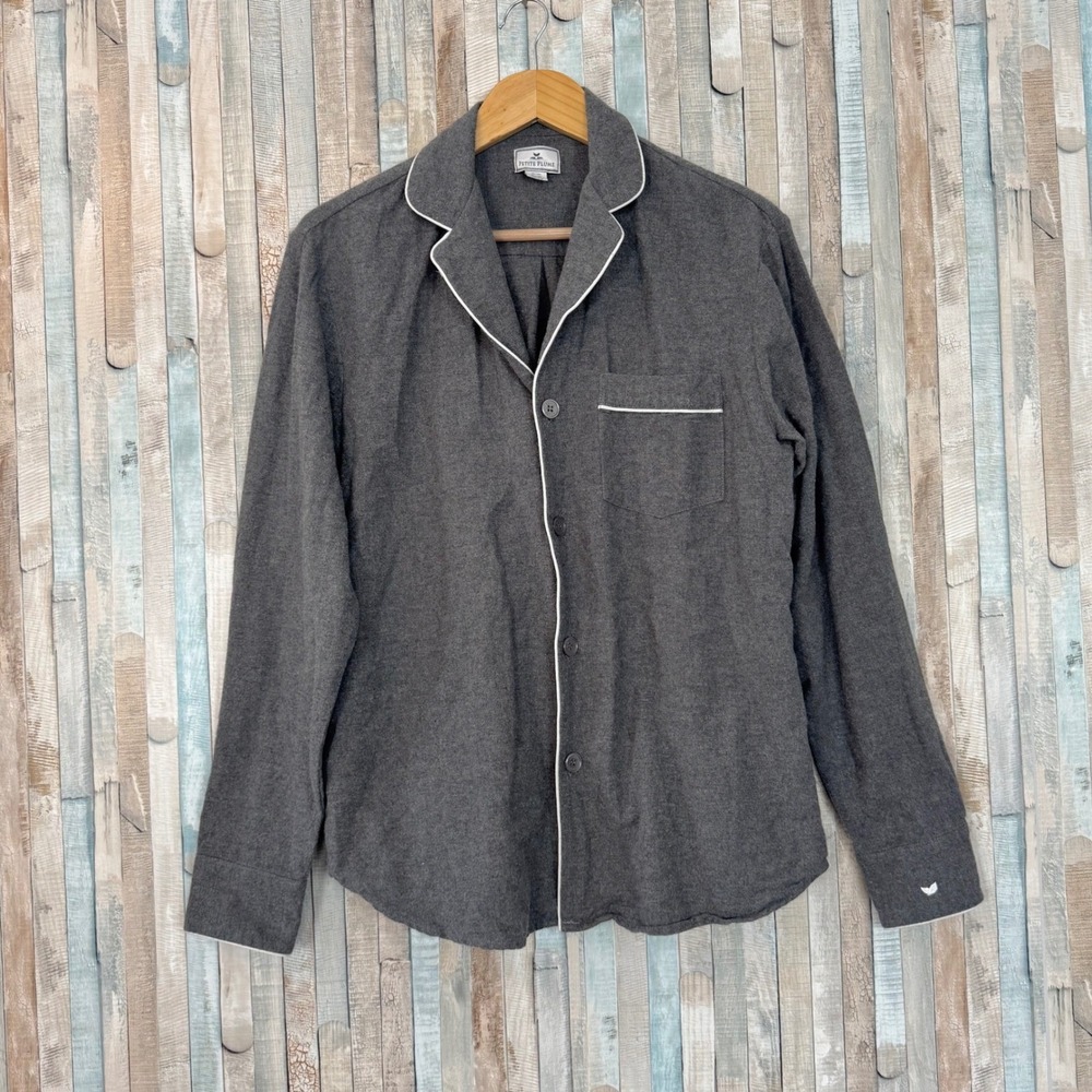 Petite Plume M Flannel Pajama Shirt Grey Cotton Twill Button Down Sleep Piped